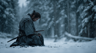 The samurai lifts his head; zoom-in on the upper body, snow blowing gently.
